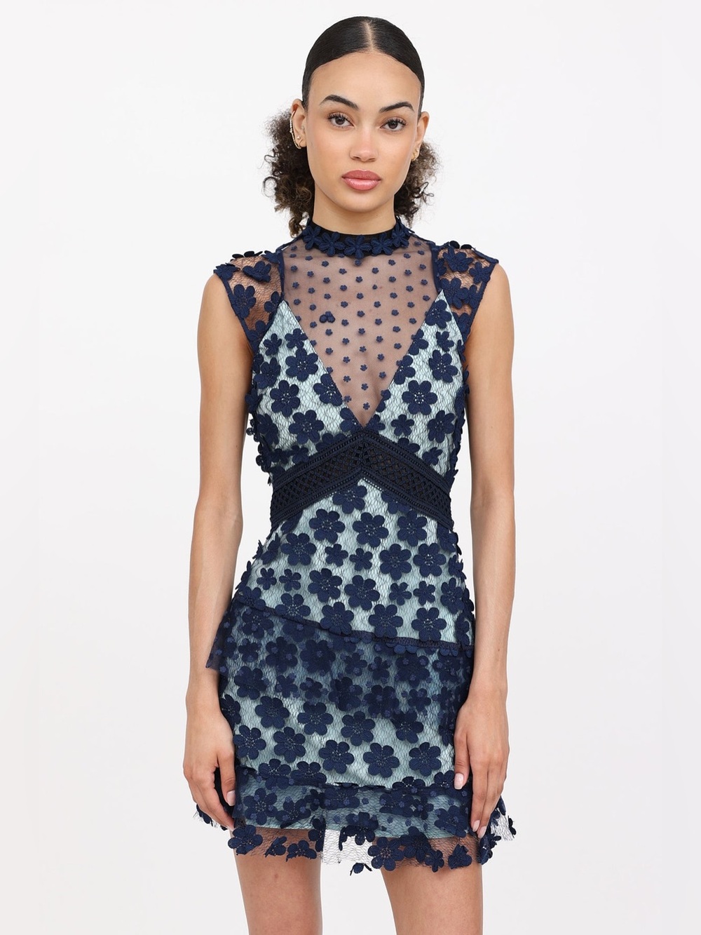 Self Portrait Floral Lace Appliqué Sheer Panel High Neck Blue Mini Dress EUC 4